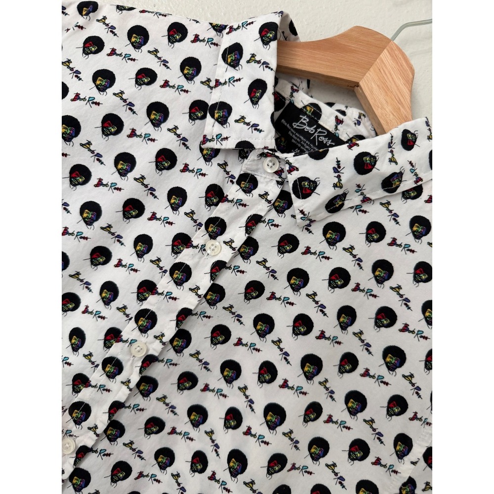 Bob Ross Mens Medium White Short Sleeve Button Up Shirt All Over Print‎ Rainbow